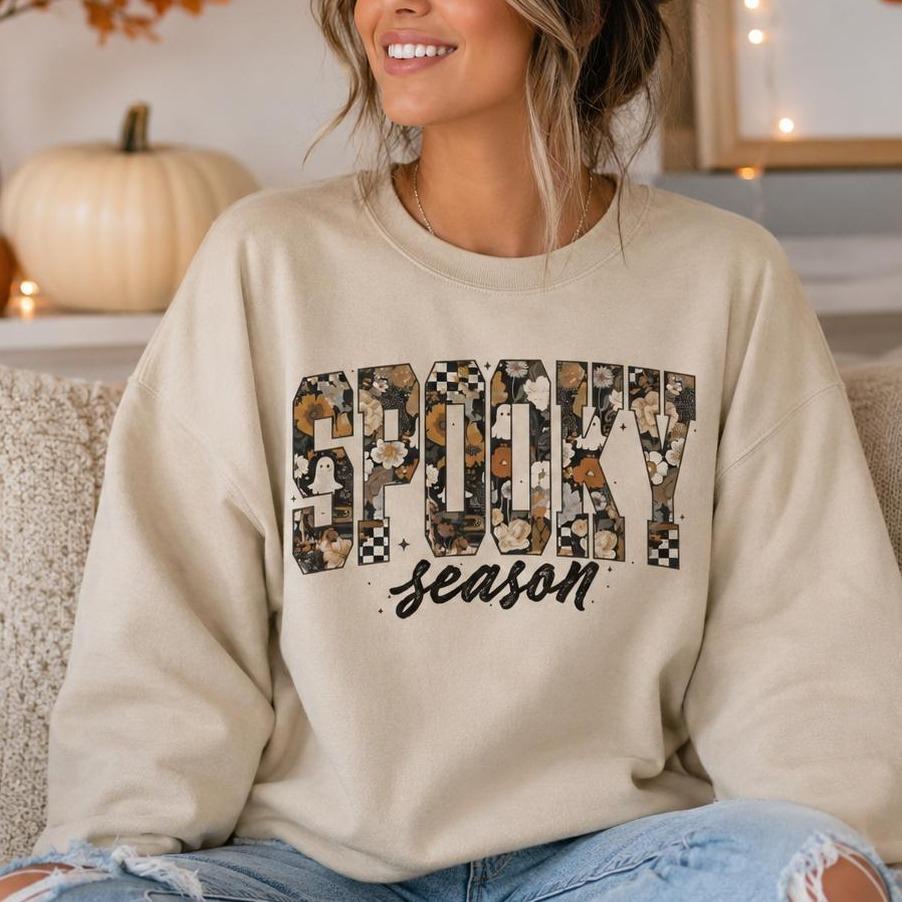 Spooky Season Sweatshirt SPOOKY! Season Halloween Women Cute Floral Ghost Pumpkin Design
