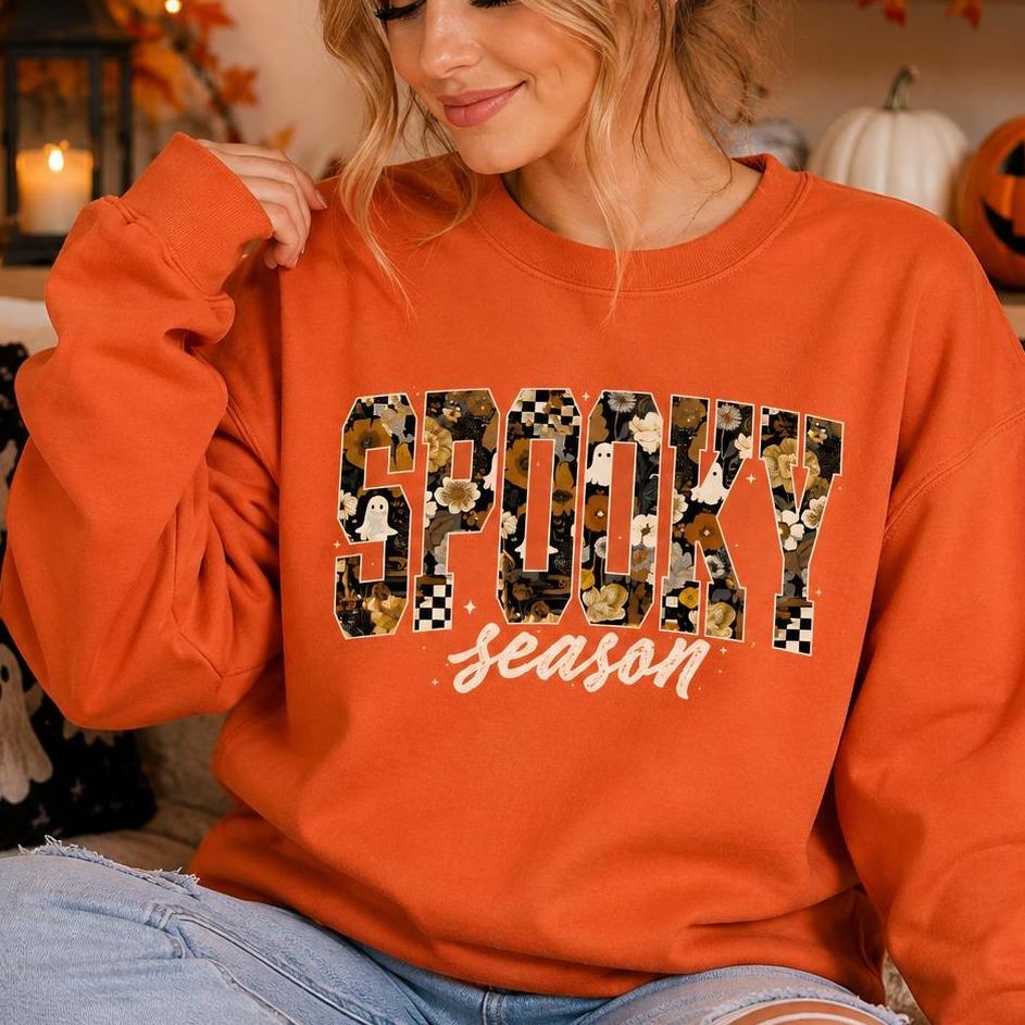 Spooky Season Sweatshirt SPOOKY! Season Halloween Women Cute Floral Ghost Pumpkin Design