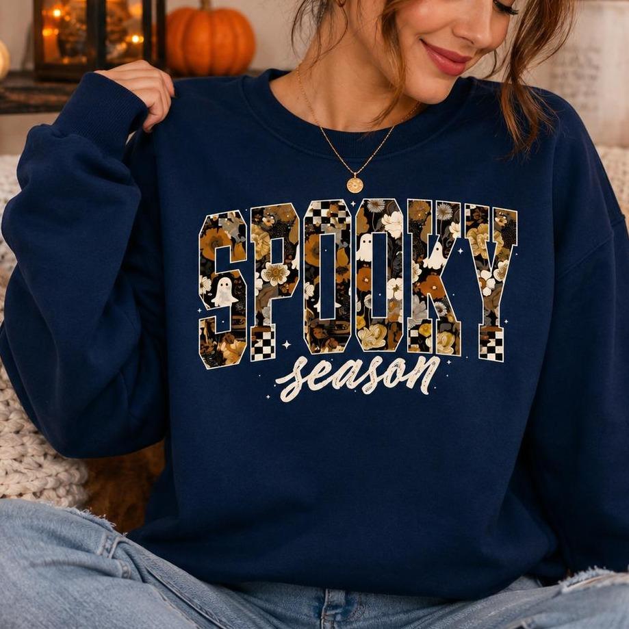Spooky Season Sweatshirt SPOOKY! Season Halloween Women Cute Floral Ghost Pumpkin Design