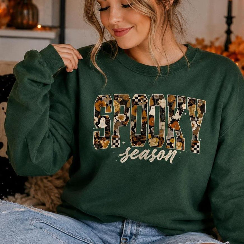 Spooky Season Sweatshirt SPOOKY! Season Halloween Women Cute Floral Ghost Pumpkin Design