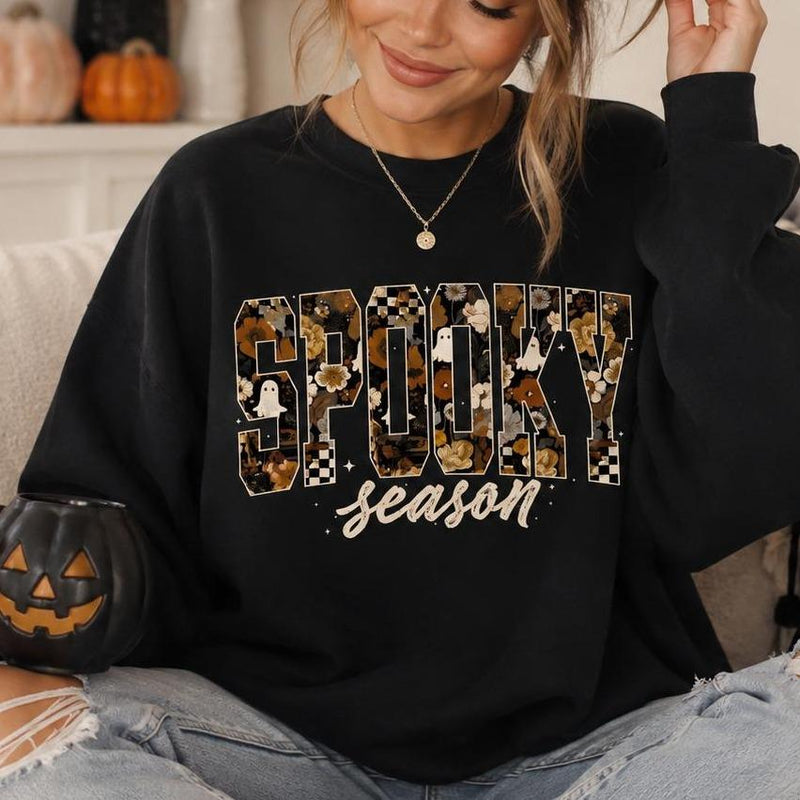 Spooky Season Sweatshirt SPOOKY! Season Halloween Women Cute Floral Ghost Pumpkin Design