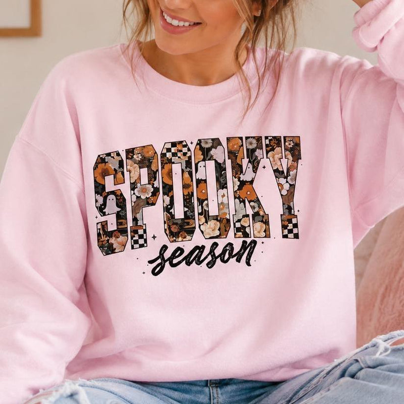 Spooky Season Sweatshirt SPOOKY! Season Halloween Women Cute Floral Ghost Pumpkin Design