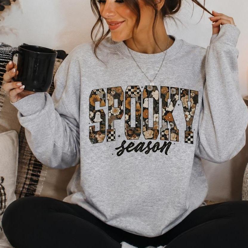 Spooky Season Sweatshirt SPOOKY! Season Halloween Women Cute Floral Ghost Pumpkin Design