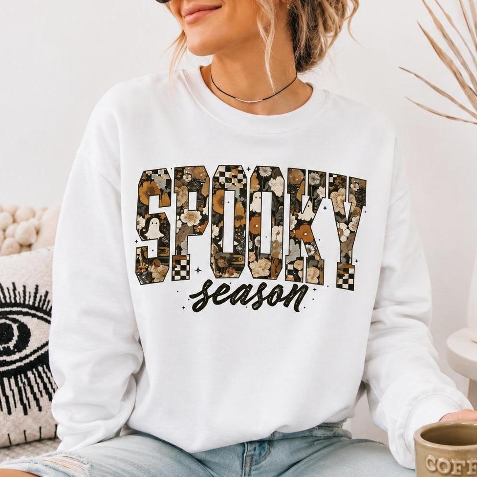 Spooky Season Sweatshirt SPOOKY! Season Halloween Women Cute Floral Ghost Pumpkin Design
