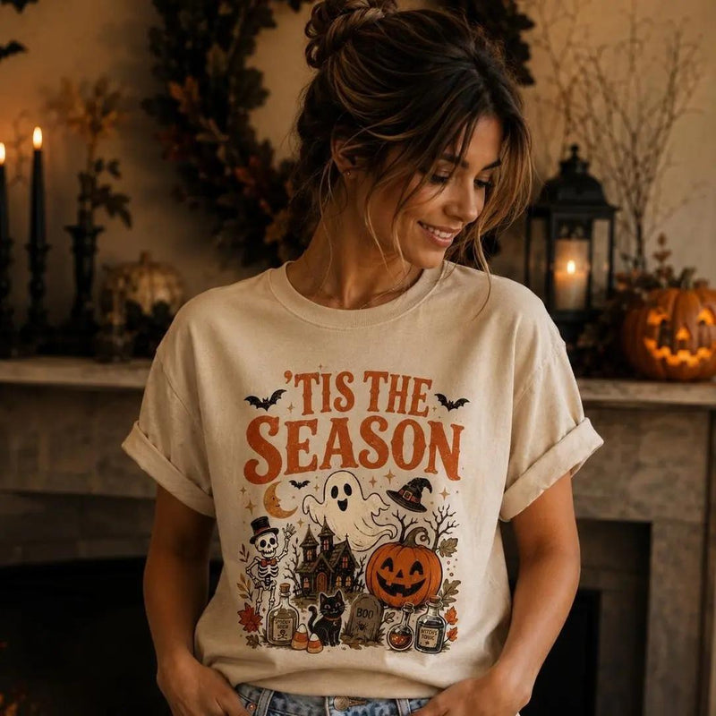 Spooky Season 'Tis The Season Halloween T-Shirt Women Vintage Retro Witchy