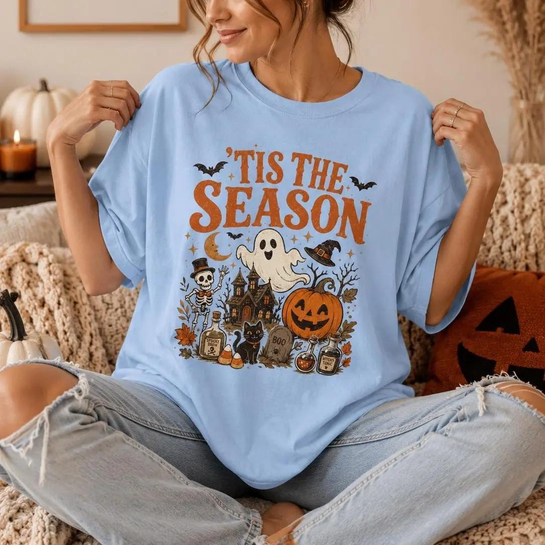 Spooky Season 'Tis The Season Halloween T-Shirt Women Vintage Retro Witchy