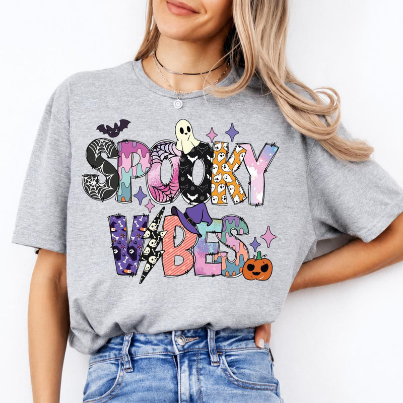 Spooky Vibes Cute Ghost T-Shirt Halloween Season Women Pastel Retro Graphic