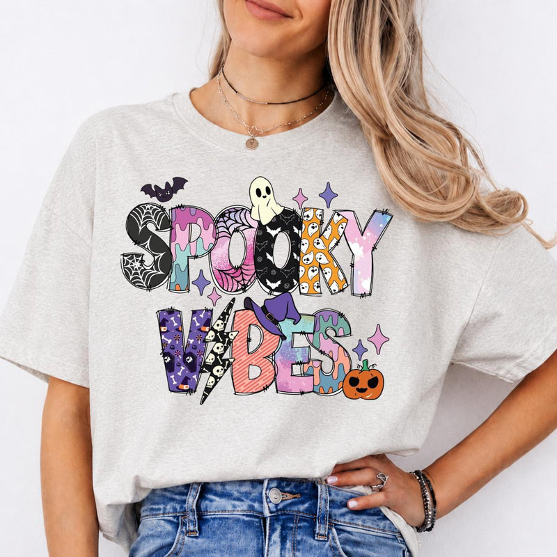 Spooky Vibes Cute Ghost T-Shirt Halloween Season Women Pastel Retro Graphic
