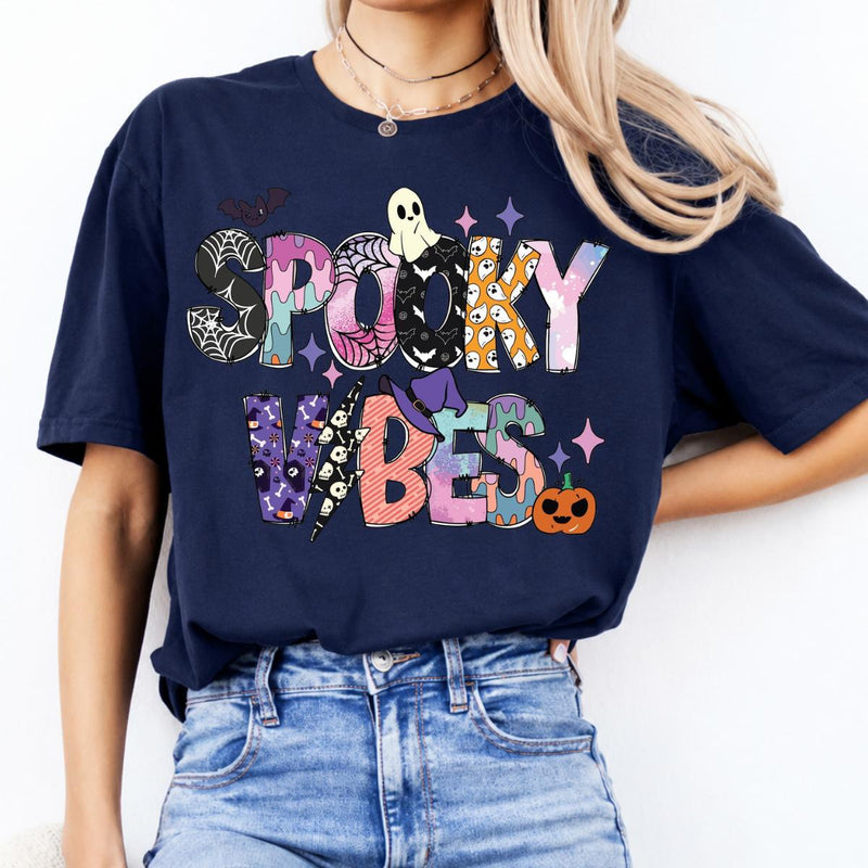 Spooky Vibes Cute Ghost T-Shirt Halloween Season Women Pastel Retro Graphic