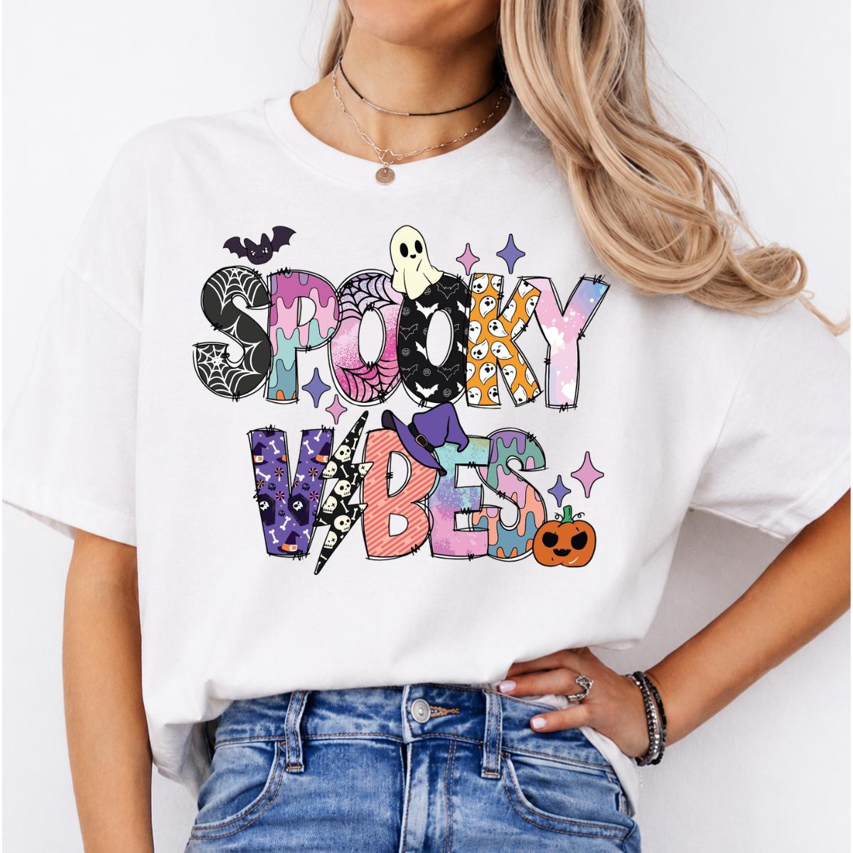 Spooky Vibes Cute Ghost T-Shirt Halloween Season Women Pastel Retro Graphic