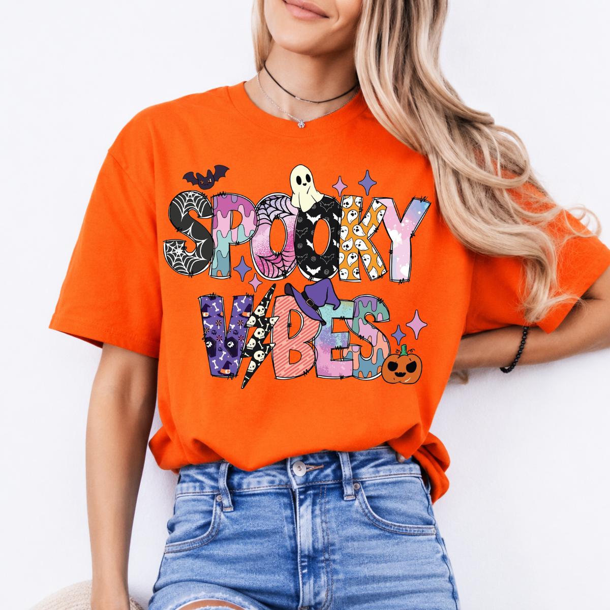 Spooky Vibes Cute Ghost T-Shirt Halloween Season Women Pastel Retro Graphic