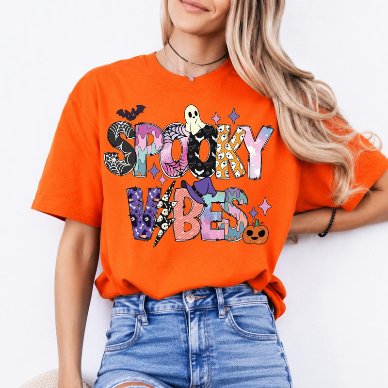 Spooky Vibes Cute Ghost T-Shirt Halloween Season Women Pastel Retro Graphic