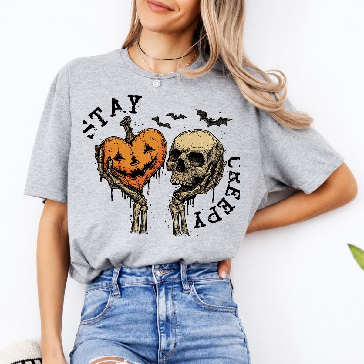 Stay Creepy Halloween Graphic Stay Creepy Pumpkin Skull Sweatshirt and T-Shirt Halloween Women Vintage Gothic
