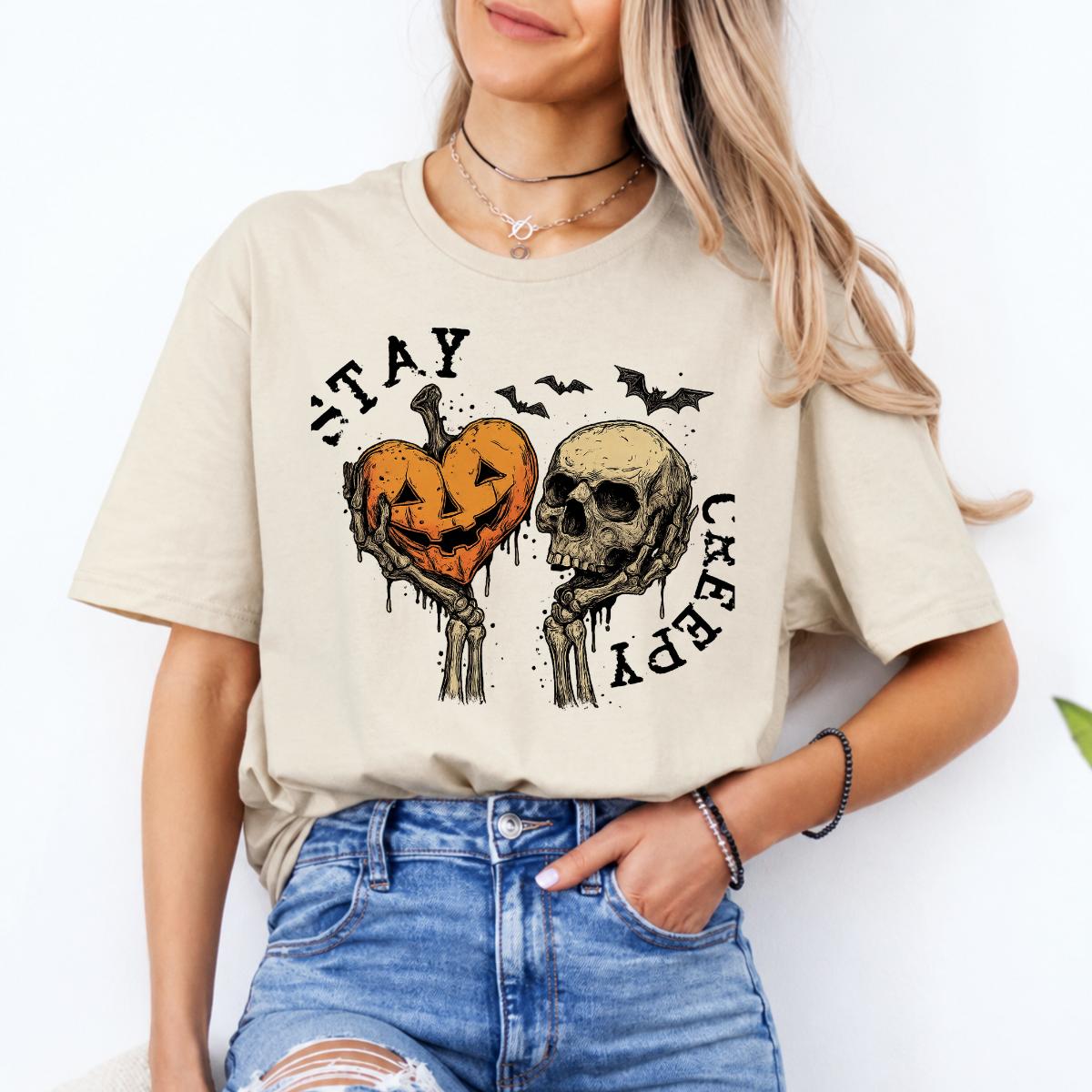 Stay Creepy Halloween Graphic Stay Creepy Pumpkin Skull Sweatshirt and T-Shirt Halloween Women Vintage Gothic