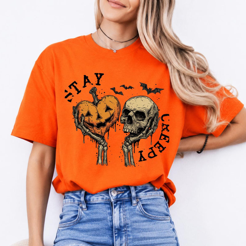Stay Creepy Halloween Graphic Stay Creepy Pumpkin Skull Sweatshirt and T-Shirt Halloween Women Vintage Gothic