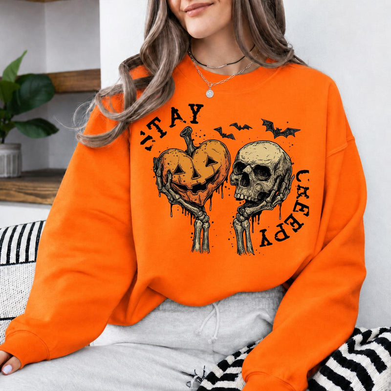 Stay Creepy Halloween Graphic Stay Creepy Pumpkin Skull Sweatshirt and T-Shirt Halloween Women Vintage Gothic