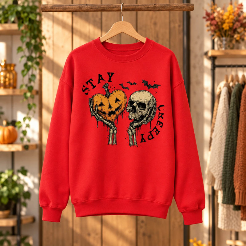 Stay Creepy Halloween Pumpkin Heart Skull Graphic Sweatshirt or T-Shirt for Women Vintage Gothic Fall Top