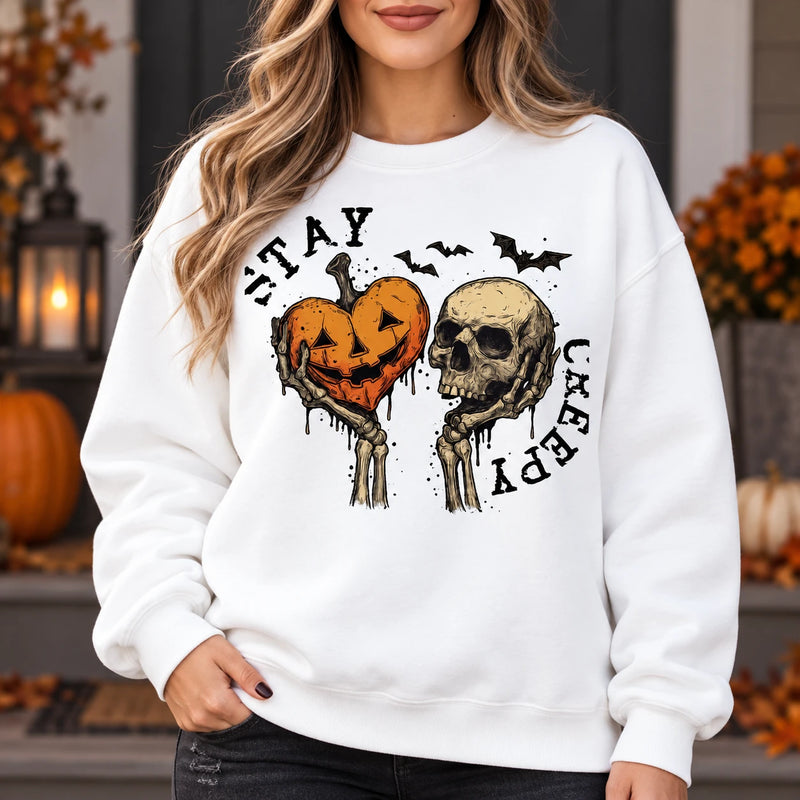 Stay Creepy Halloween Pumpkin Heart Skull Graphic Sweatshirt or T-Shirt for Women Vintage Gothic Fall Top