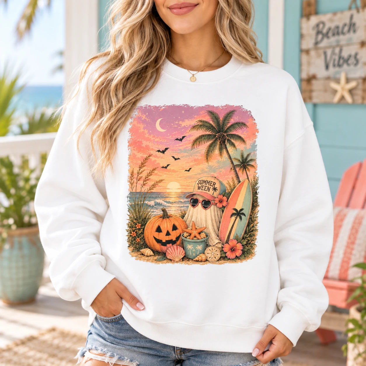 Summerween Beach Ghost and Pumpkin Graphic Unisex Casual Vacation Top