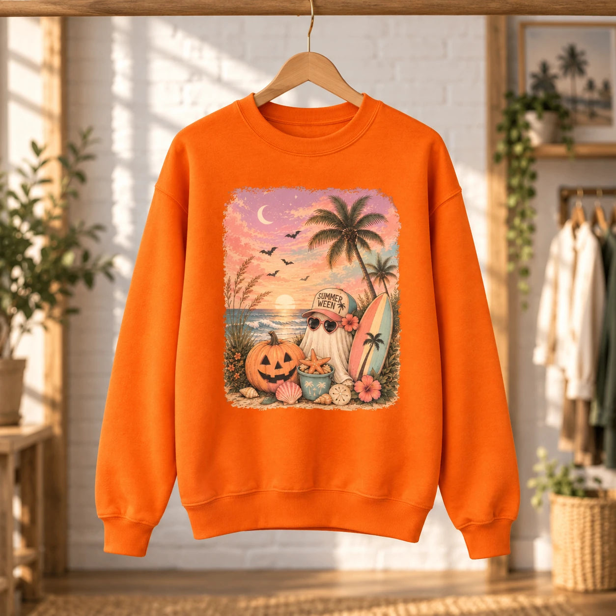 Summerween Beach Ghost and Pumpkin Graphic Unisex Casual Vacation Top