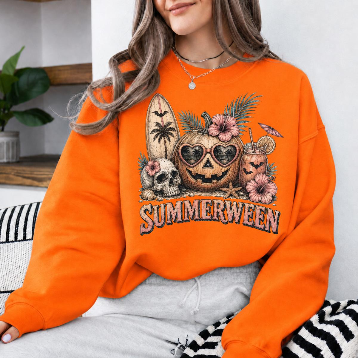 Summerween Pumpkin Graphic SUMMERWEEN Sweatshirt and T-Shirt Tropical Halloween Women Vintage Beach Design