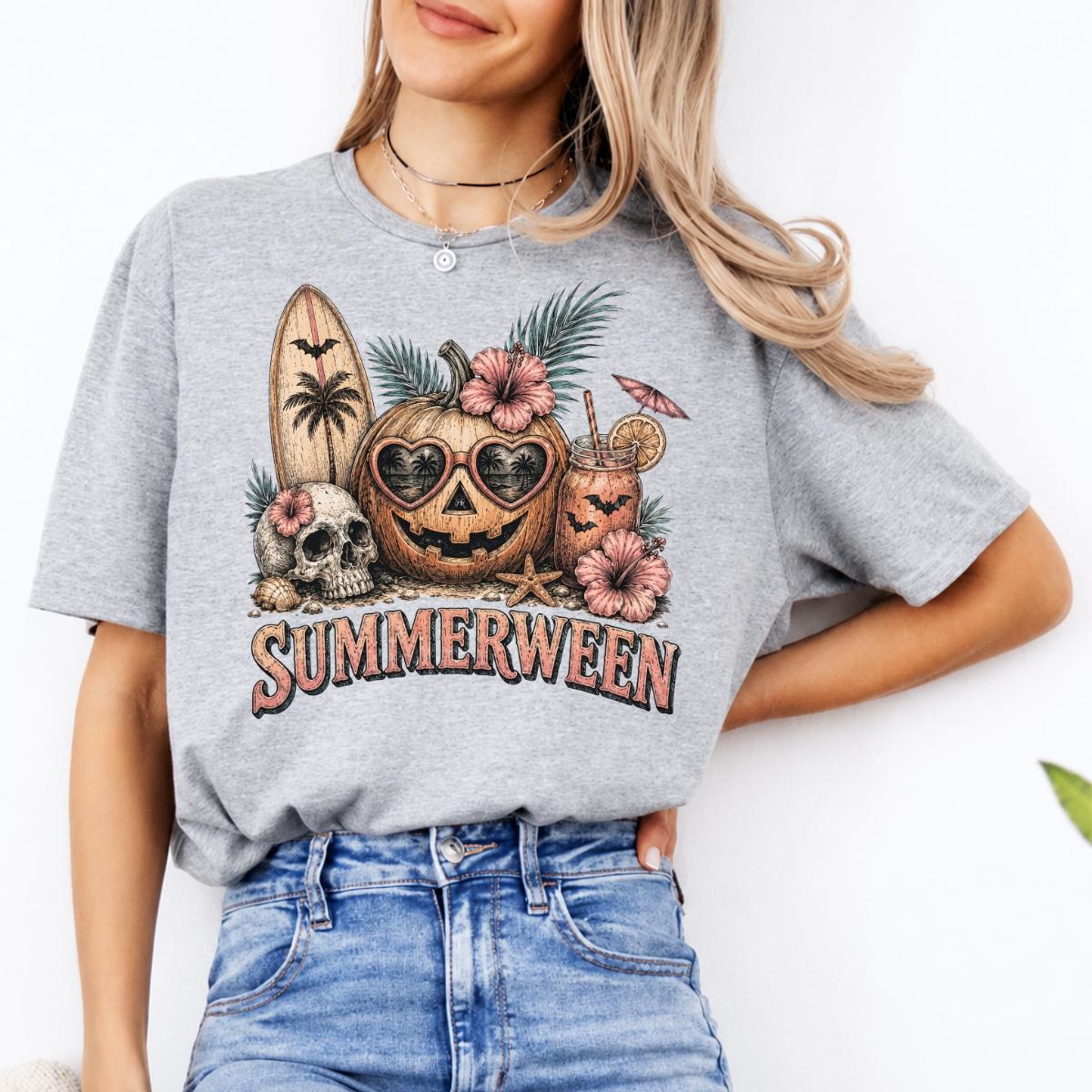 Summerween Pumpkin Graphic SUMMERWEEN Sweatshirt and T-Shirt Tropical Halloween Women Vintage Beach Design