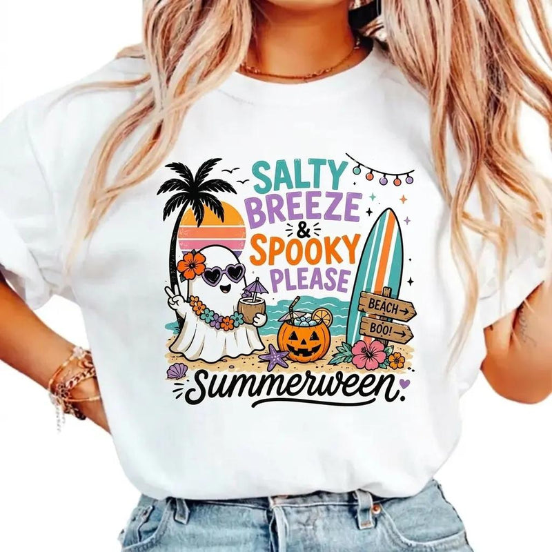 Summerween Salty Breeze Spooky Please T-Shirt Retro Beach Ghost Halloween Unisex Pastel