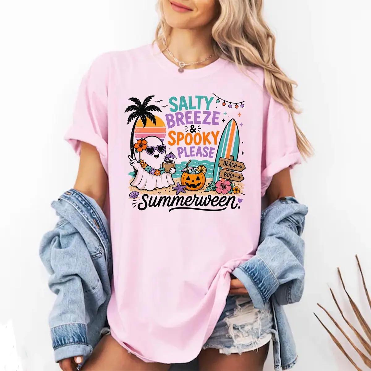 Summerween Salty Breeze Spooky Please T-Shirt Retro Beach Ghost Halloween Unisex Pastel