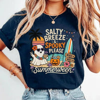 Summerween Salty Breeze Spooky Please T-Shirt Retro Beach Ghost Halloween Unisex Pastel