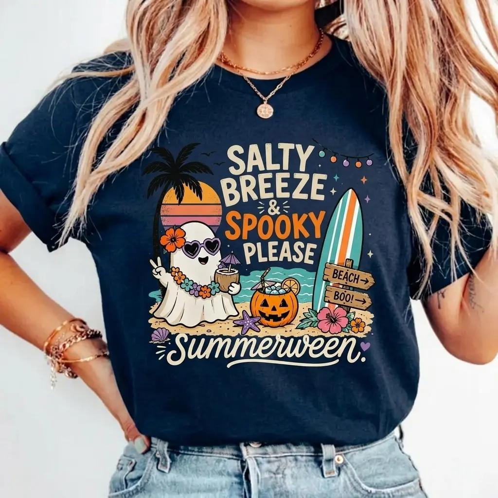 Summerween Salty Breeze Spooky Please T-Shirt Retro Beach Ghost Halloween Unisex Pastel