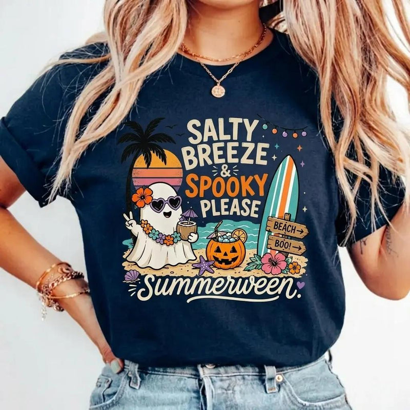 Summerween Salty Breeze Spooky Please T-Shirt Retro Beach Ghost Halloween Unisex Pastel