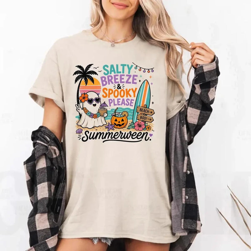 Summerween Salty Breeze Spooky Please T-Shirt Retro Beach Ghost Halloween Unisex Pastel