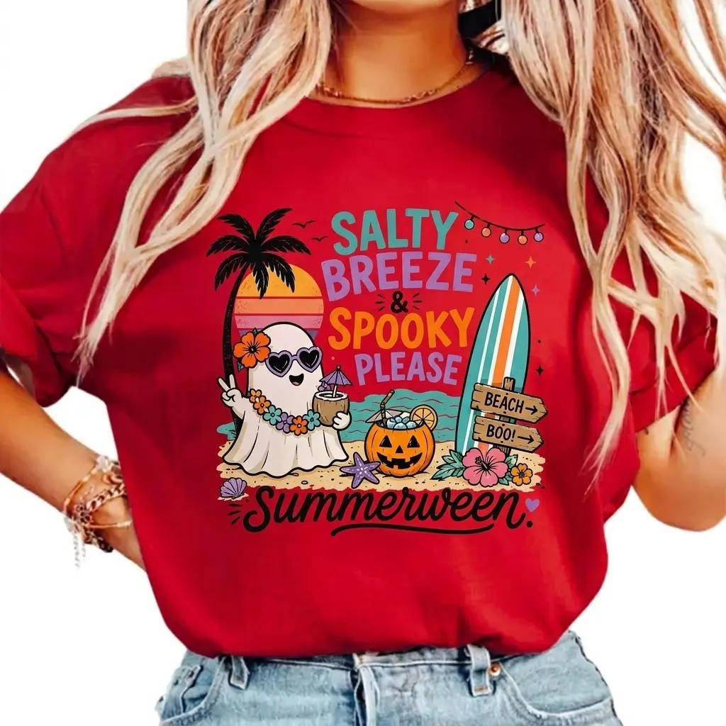 Summerween Salty Breeze Spooky Please T-Shirt Retro Beach Ghost Halloween Unisex Pastel