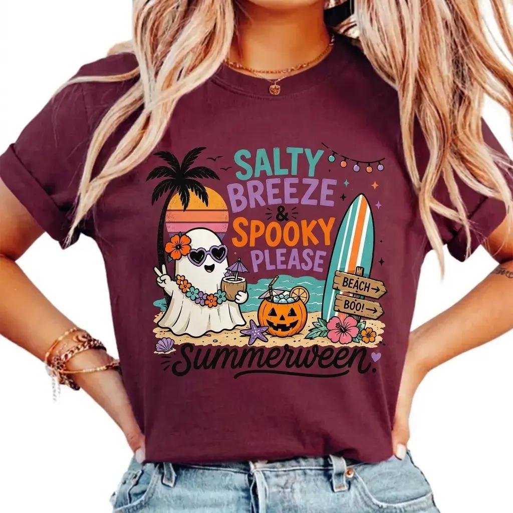 Summerween Salty Breeze Spooky Please T-Shirt Retro Beach Ghost Halloween Unisex Pastel