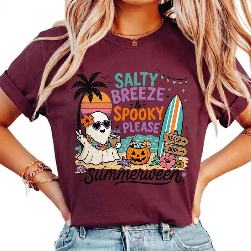 Summerween Salty Breeze Spooky Please T-Shirt Retro Beach Ghost Halloween Unisex Pastel