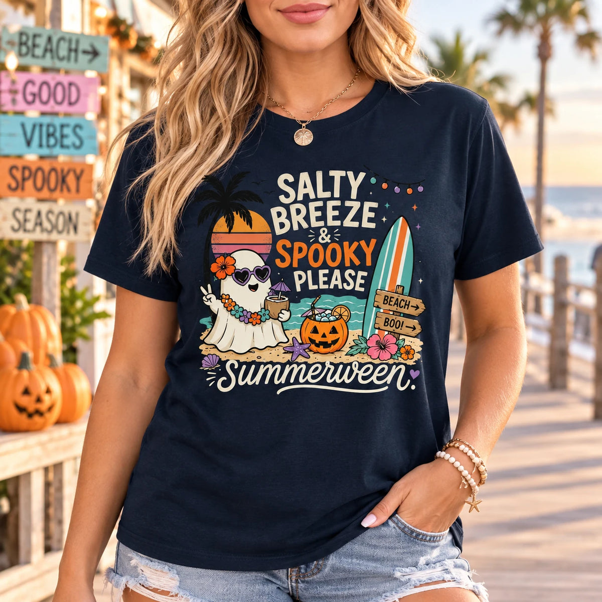 Summerween Shirt Salty Breeze Spooky Please Beach Ghost Retro Halloween Tee
