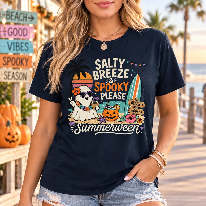 Summerween Shirt Salty Breeze Spooky Please Beach Ghost Retro Halloween Tee