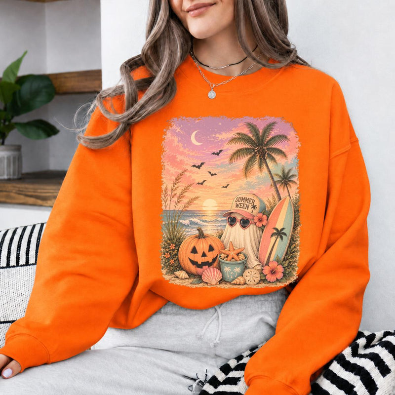 Summerween Sweatshirt and T-Shirt Summerween Ghost Beach Pumpkin Summer Halloween Vacation Unisex Retro Tropical Spooky