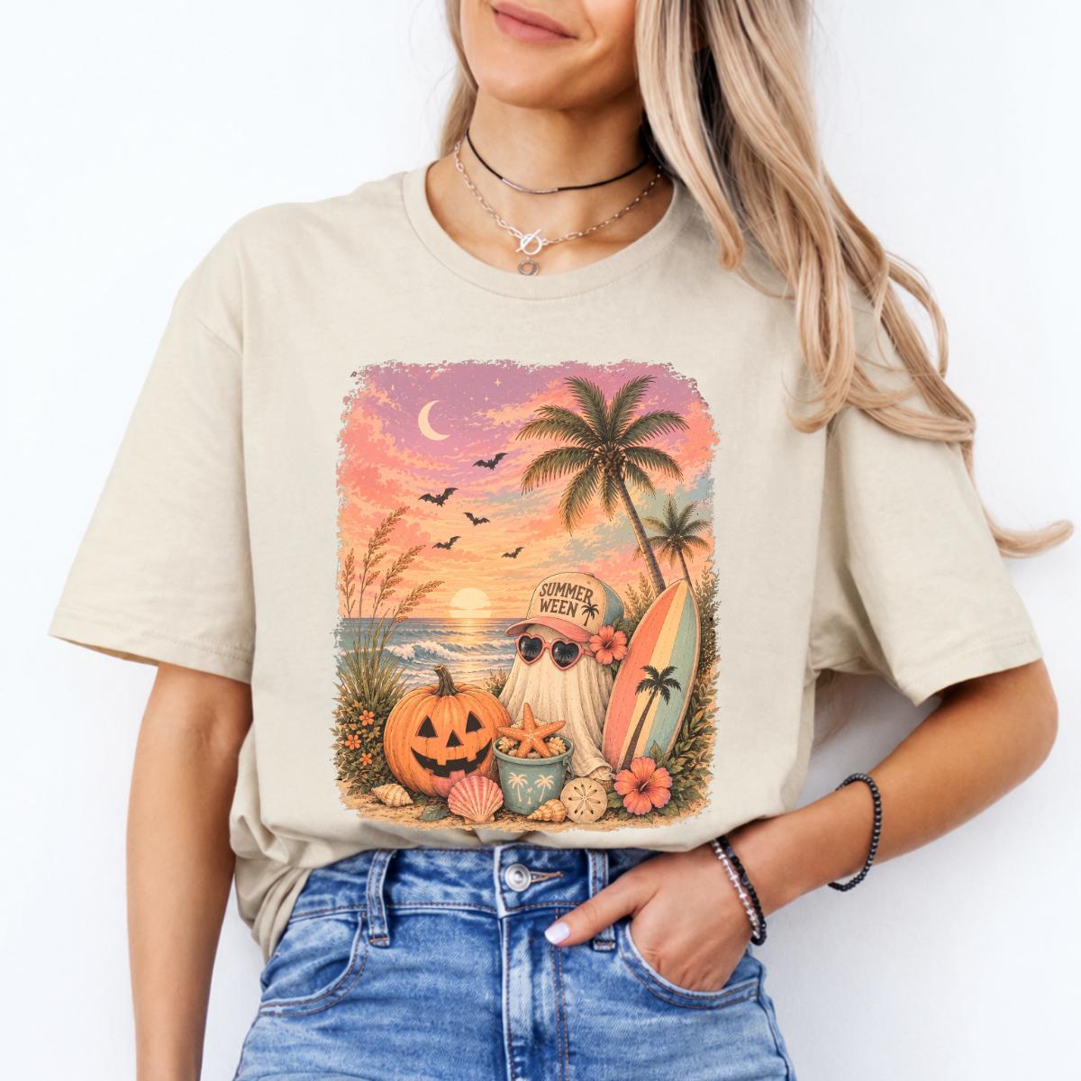 Summerween Sweatshirt and T-Shirt Summerween Ghost Beach Pumpkin Summer Halloween Vacation Unisex Retro Tropical Spooky