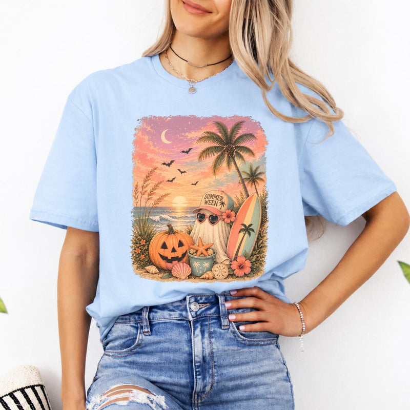 Summerween Sweatshirt and T-Shirt Summerween Ghost Beach Pumpkin Summer Halloween Vacation Unisex Retro Tropical Spooky