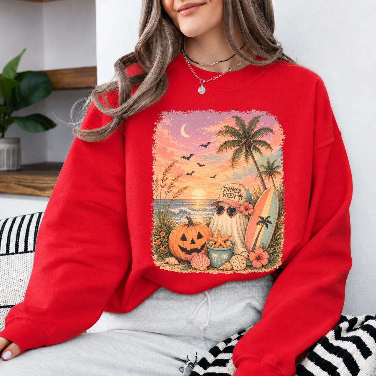 Summerween Sweatshirt and T-Shirt Summerween Ghost Beach Pumpkin Summer Halloween Vacation Unisex Retro Tropical Spooky