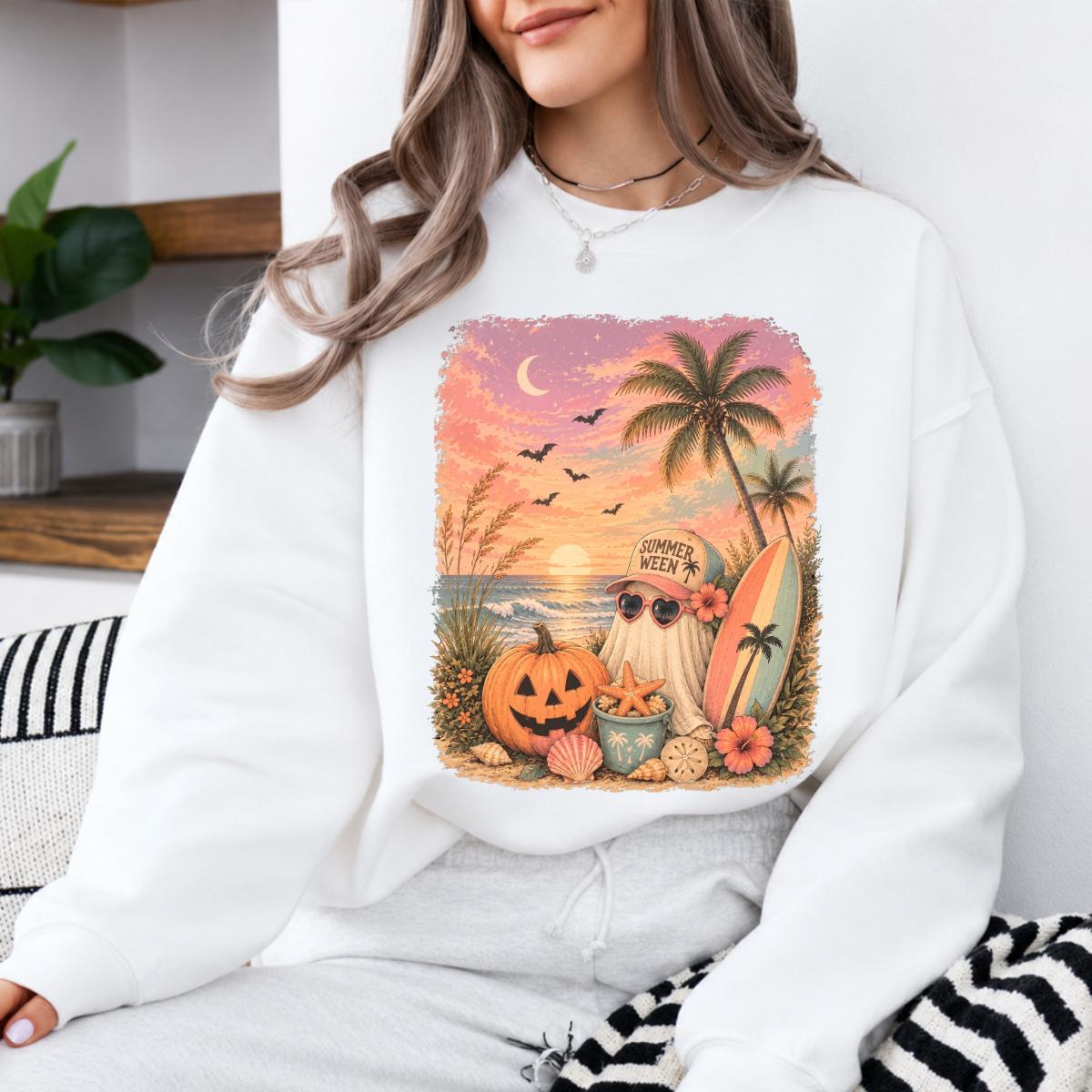 Summerween Sweatshirt and T-Shirt Summerween Ghost Beach Pumpkin Summer Halloween Vacation Unisex Retro Tropical Spooky