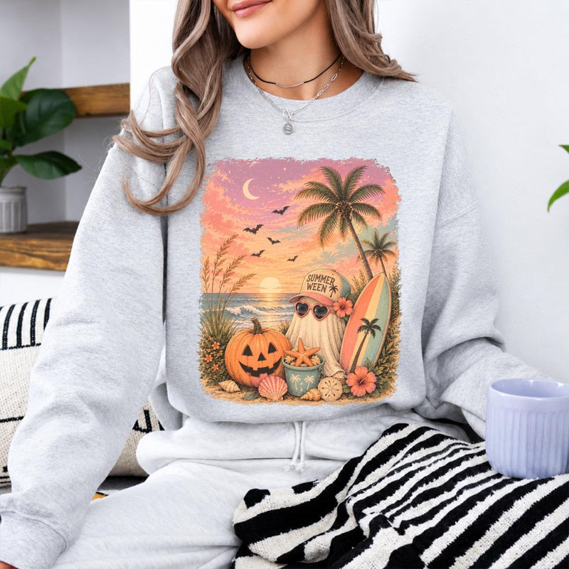 Summerween Sweatshirt and T-Shirt Summerween Ghost Beach Pumpkin Summer Halloween Vacation Unisex Retro Tropical Spooky