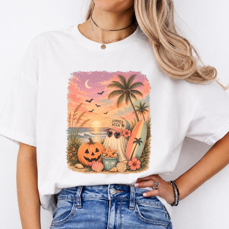 Summerween Sweatshirt and T-Shirt Summerween Ghost Beach Pumpkin Summer Halloween Vacation Unisex Retro Tropical Spooky