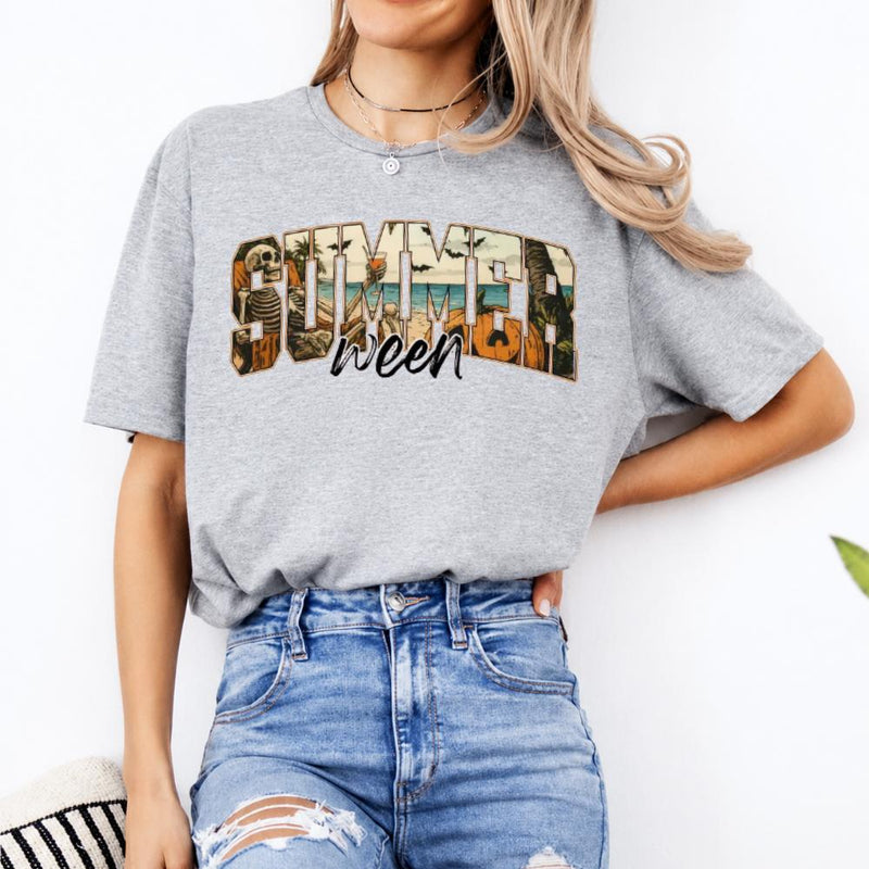 Summerween T-Shirt Skeleton Pumpkin Beach Halloween Vacation Women Retro Spooky Tropical Design
