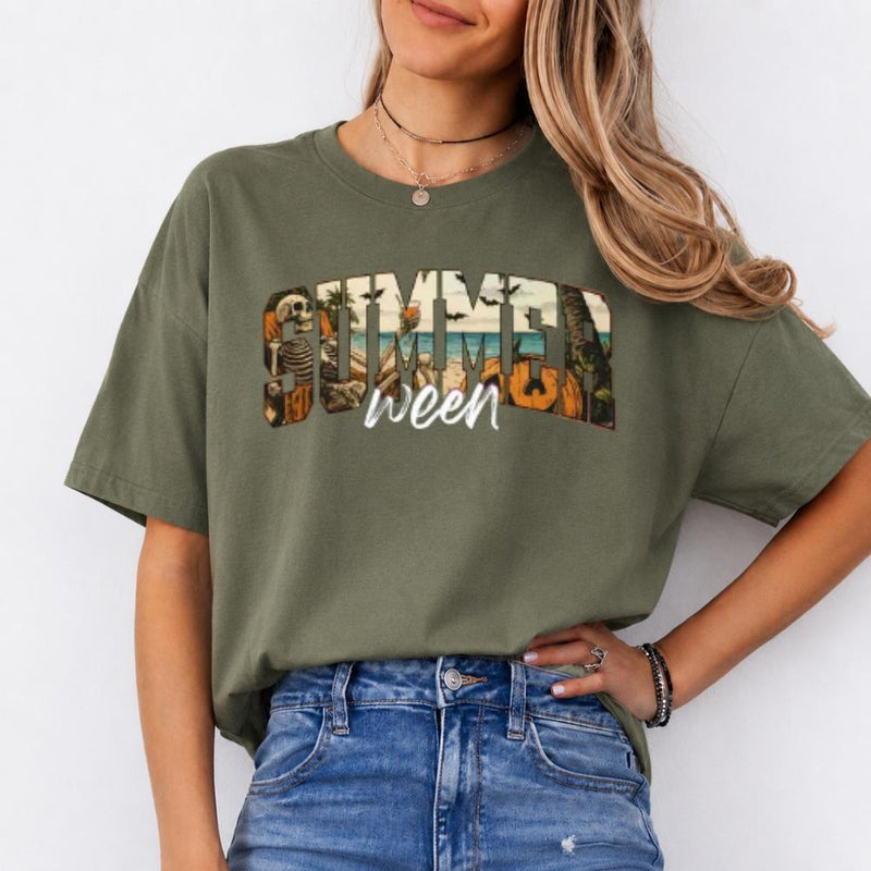 Summerween T-Shirt Skeleton Pumpkin Beach Halloween Vacation Women Retro Spooky Tropical Design