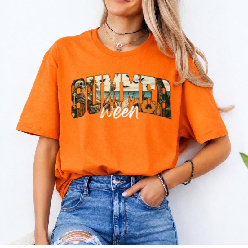 Summerween T-Shirt Skeleton Pumpkin Beach Halloween Vacation Women Retro Spooky Tropical Design