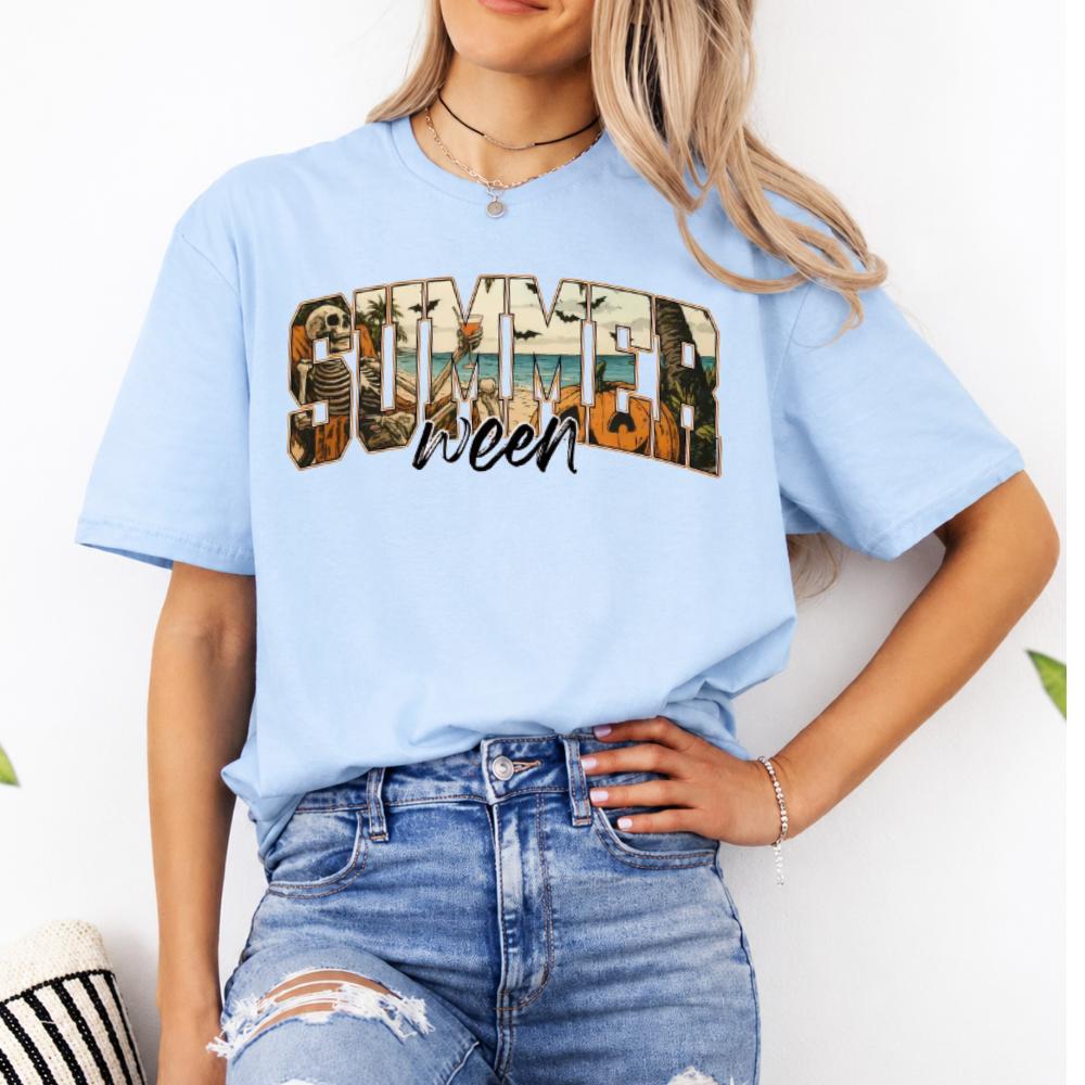 Summerween T-Shirt Skeleton Pumpkin Beach Halloween Vacation Women Retro Spooky Tropical Design