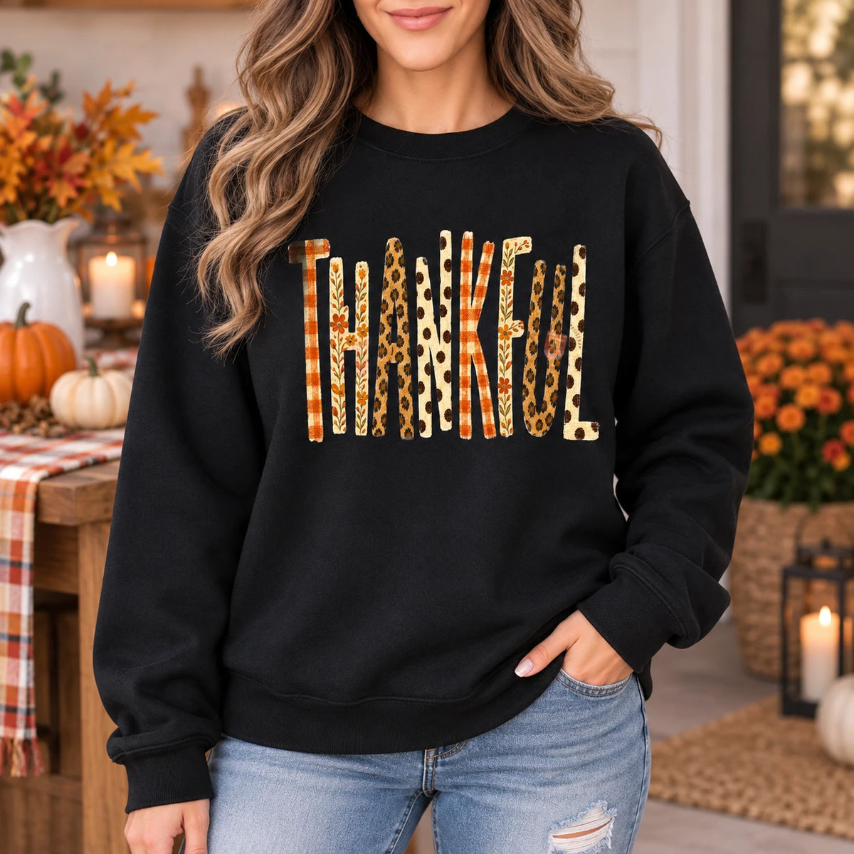 Thankful Fall Crewneck Sweatshirt Retro Leopard Plaid Thanksgiving Graphic Pullover Autumn Gift for Women