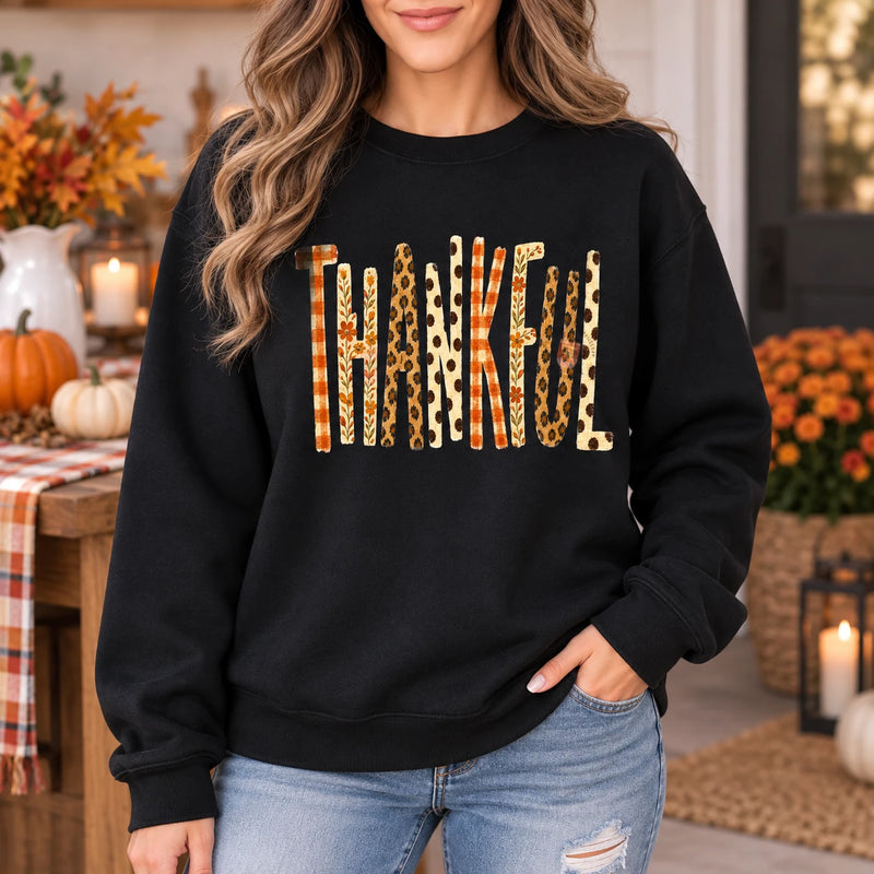Thankful Fall Crewneck Sweatshirt Retro Leopard Plaid Thanksgiving Graphic Pullover Autumn Gift for Women